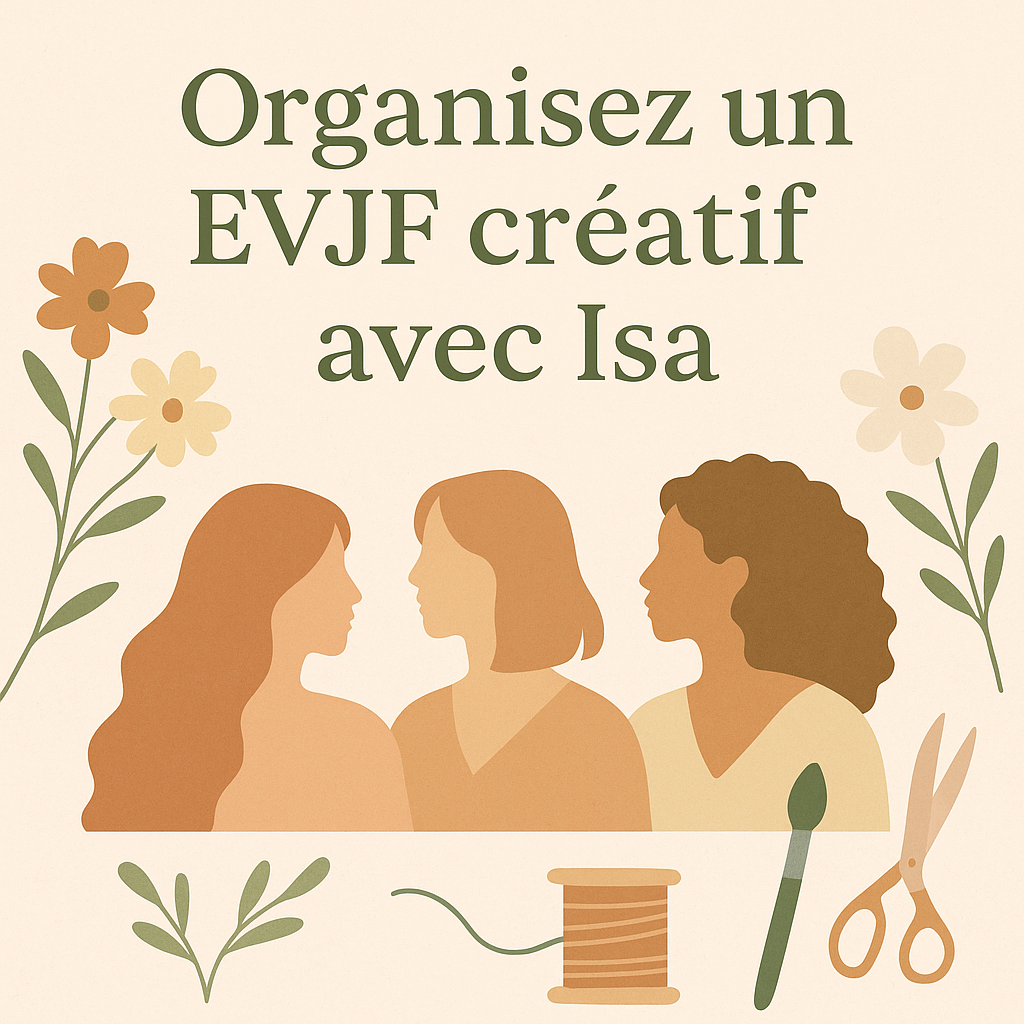 Visuel pastel avec trois femmes, fleurs, outils DIY et le texte « Organisez un EVJF créatif avec Isa ».